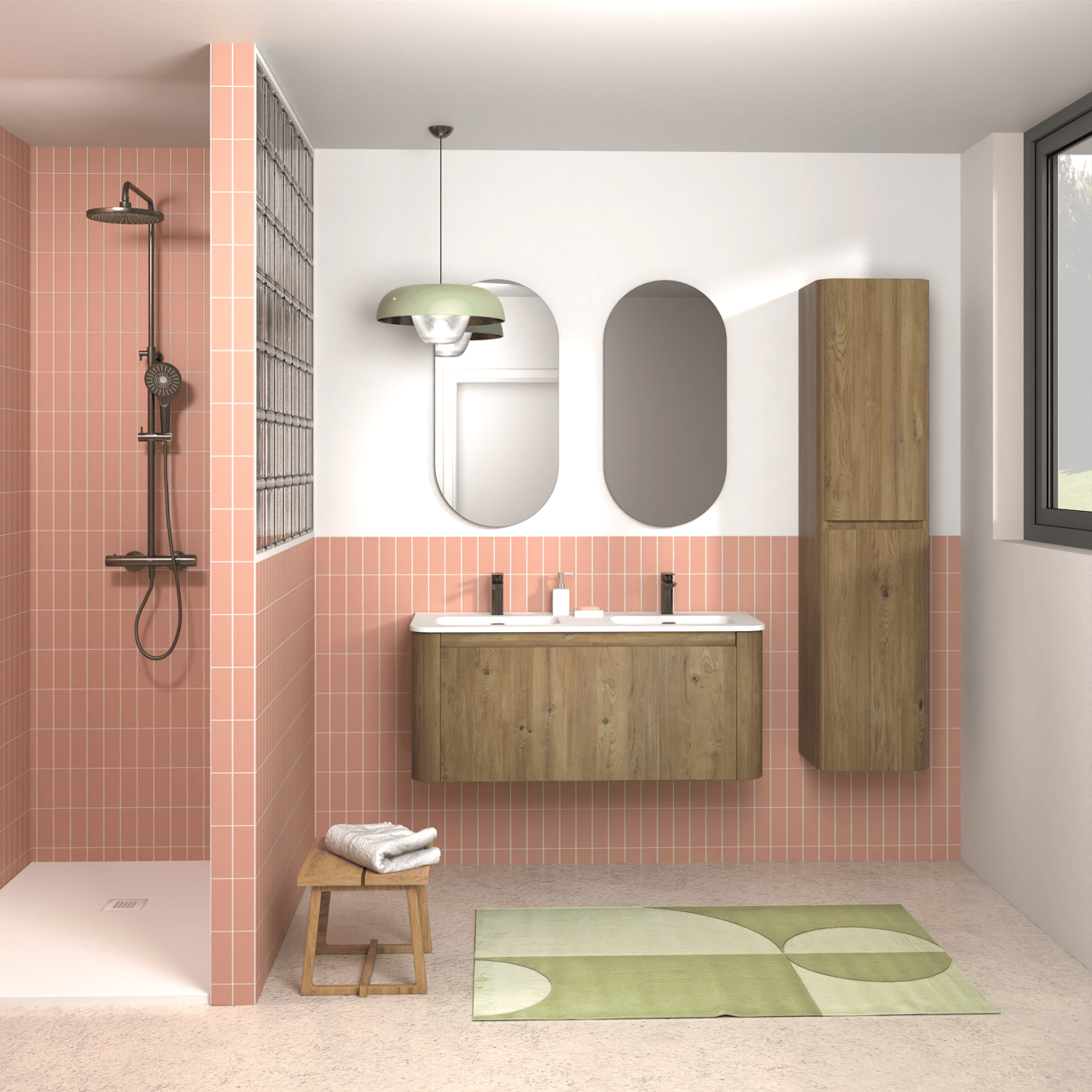 Storke Soft meuble salle de bains suspendu 120 x 46 cm chêne brut avec Kera Soft double vasque en porcelaine blanc mat
