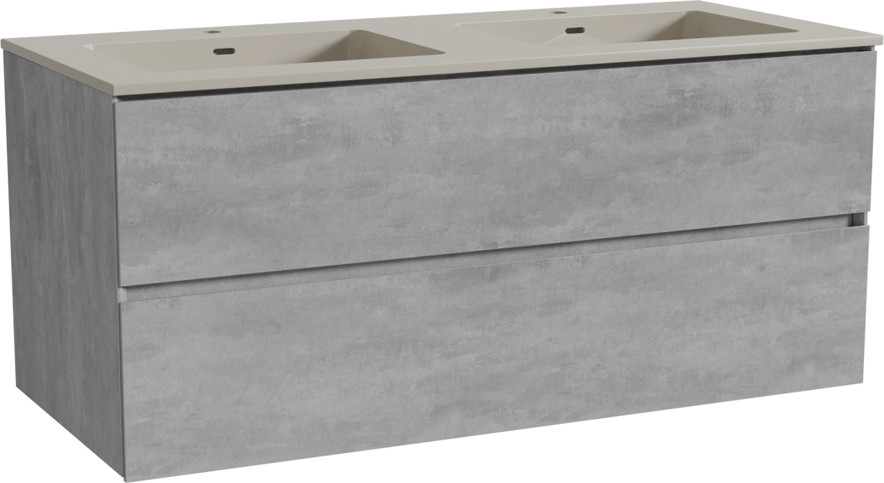 Storke Edge meuble salle de bains suspendu 120 x 52 cm béton gris foncé avec Diva double vasque en top solid soie grise