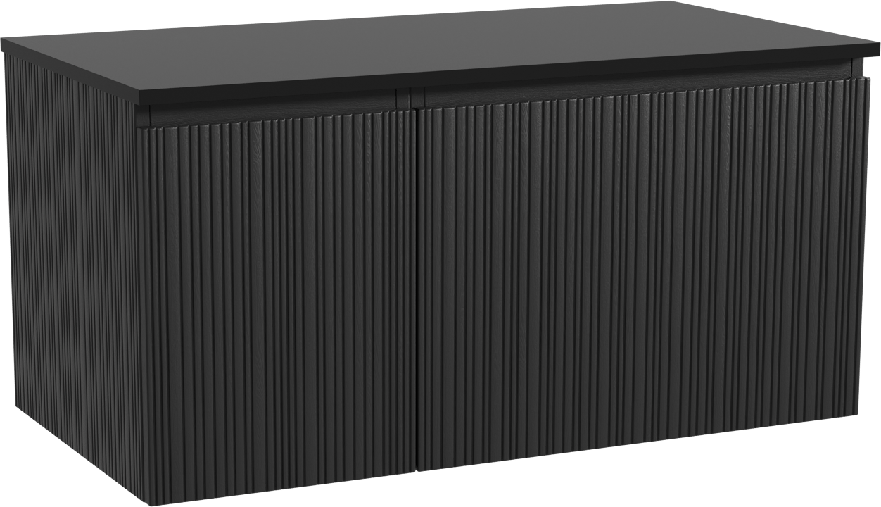 Storke Ribs zwevend badkamermeubel 100 x 52 cm zwarte eik met Panton enkel tablet in gepoedercoate mdf mat zwart, Verticale asymmetrische rechte ribbel