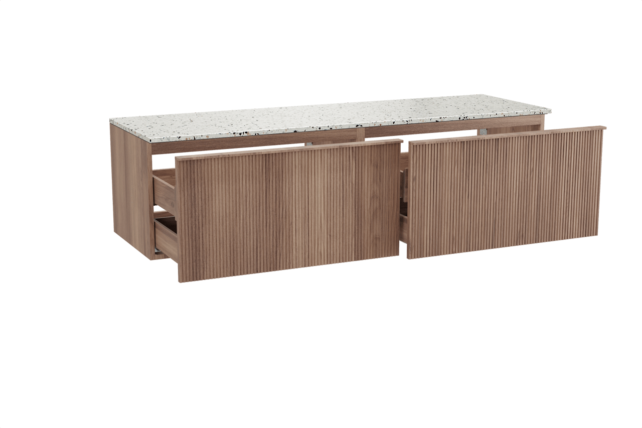 Balmani Forma zwevend badkamermeubel 180 x 55 cm teak met Stretto enkel of dubbel tablet in mat wit/zwart terrazzo, Verticale symmetrische rechte ribbel