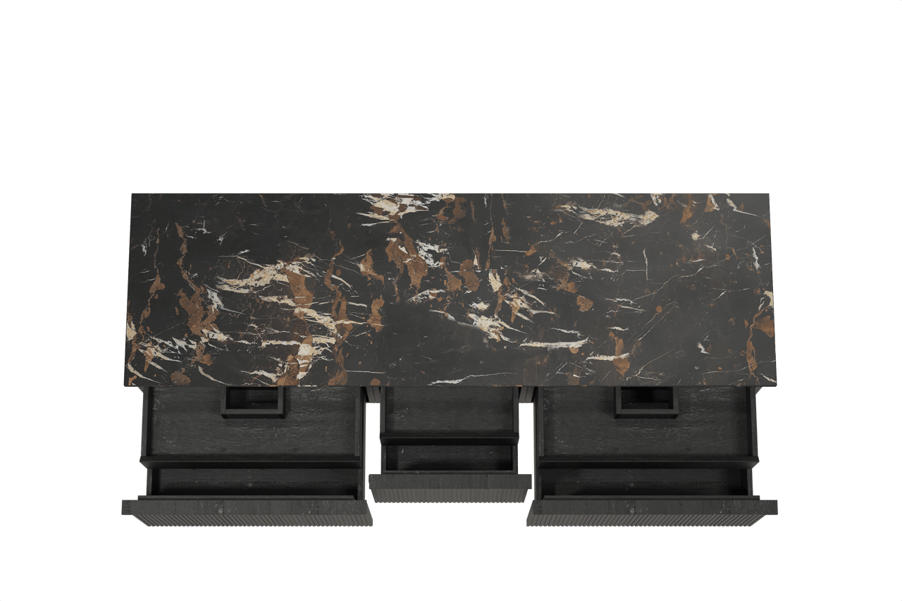 Balmani Forma meuble salle de bains suspendu 180 x 55 cm chêne noir avec Stretto tablette simple ou double en marbre portoro gold, Nervure droite symétrique verticale