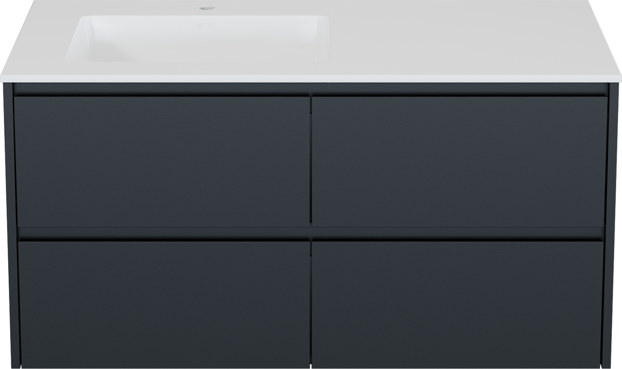 Storke Seda zwevend badkamermeubel 120 x 52 cm mat zwart met Bilia asymmetrisch linkse wastafel in composietmarmer glanzend wit