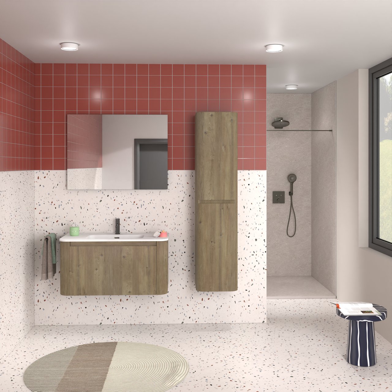 Storke Soft meuble salle de bains suspendu 100 x 46 cm chêne brut avec Kera Soft plan simple en porcelaine blanc mat, Nervure droite symétrique verticale
