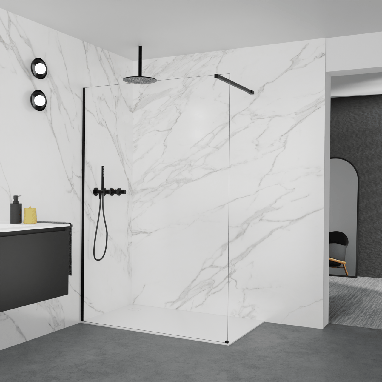 Balmani Modular inloopdouche: 140 x 200 cm, Helder glas met coating, Mat zwarte profielen