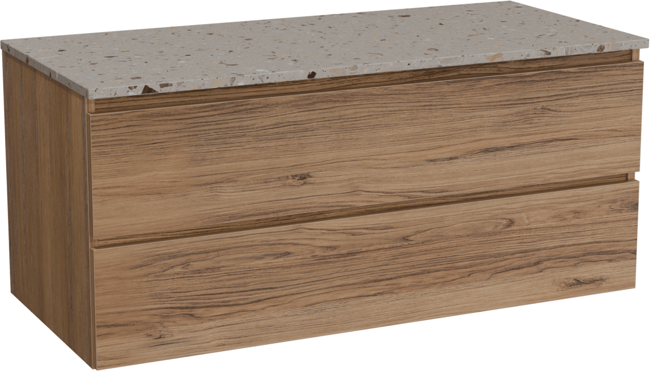 Balmani Lucida hängendes Möbelstück Set: 120 x 55 cm, Teak, mit Stretto Einzel- oder Doppel Waschtischplatte, Terrazzo in Greige