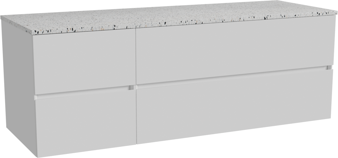 Storke Edge hängendes Möbelstück Set: 150 x 52 cm, Weiß glänzend, mit Tavola Einzel- oder Doppel Waschtischplatte, Terrazzo in Weiß/Schwarz matt