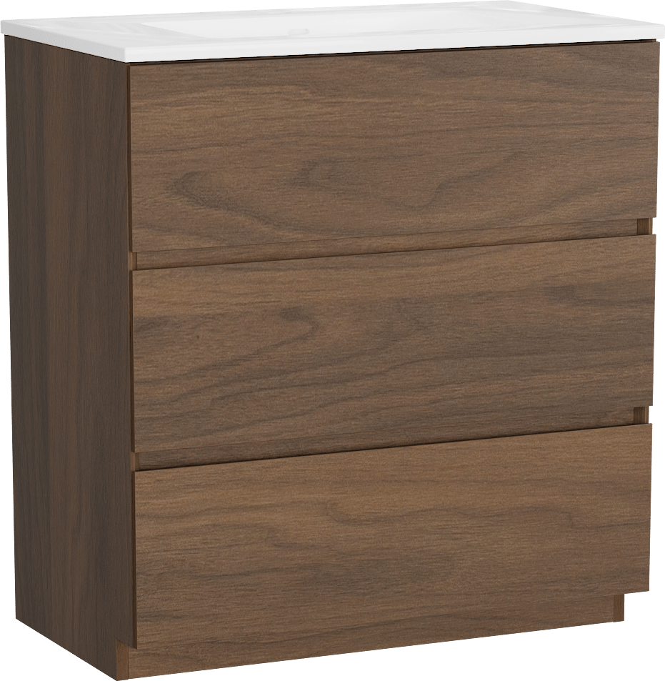 Storke Edge freistehendes Möbelstück Set: 80 x 46 cm, Nussbaum, mit Bilia Einzelwaschtisch, Marmorkomposit Weiß glänzend