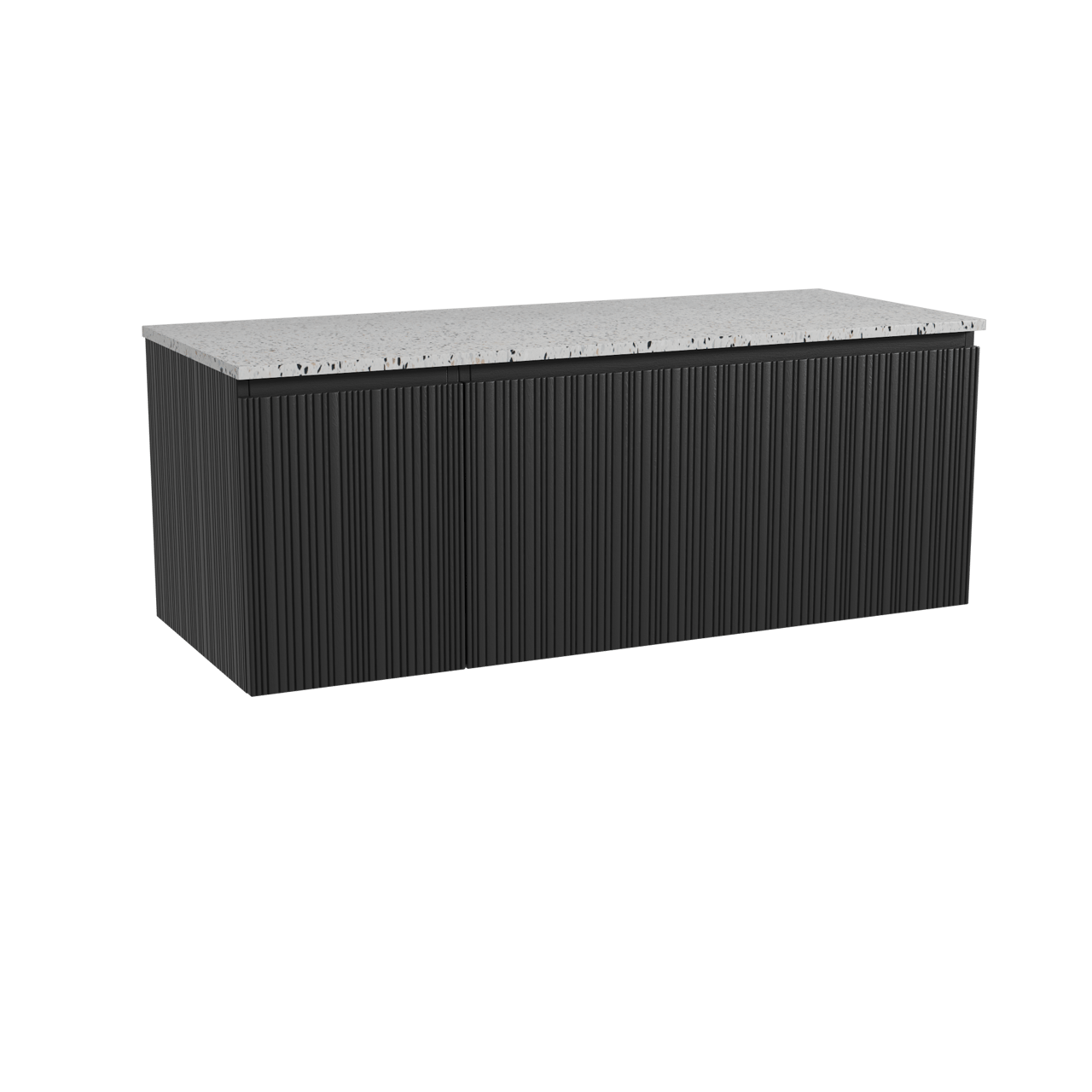 Storke Ribs meuble salle de bains suspendu 130 x 52 cm chêne noir avec Tavola tablette simple ou double en blanc/noir mat terrazzo, Nervure droite asymétrique verticale