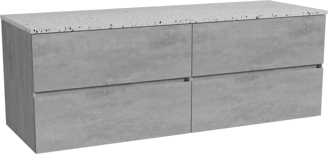 Storke Edge meuble salle de bains suspendu 150 x 52 cm béton gris foncé avec Tavola tablette simple ou double en blanc/noir mat terrazzo