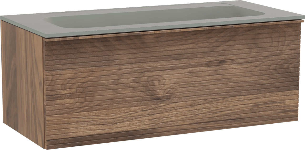 Balmani Forma meuble salle de bains suspendu 120 x 55 cm noyer américain avec Tablo Strada lavabo simple pour 2 trous de robinet en marbre composite soie grise, Nervure droite symétrique horizontale