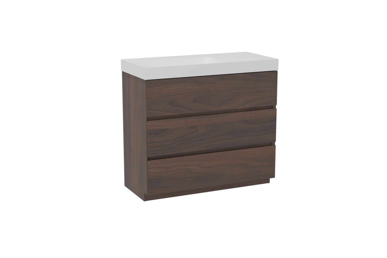 Storke Edge staand badkamermeubel 100 x 46 cm notelaar met Jura asymmetrisch linkse wastafel in solid surface mat wit