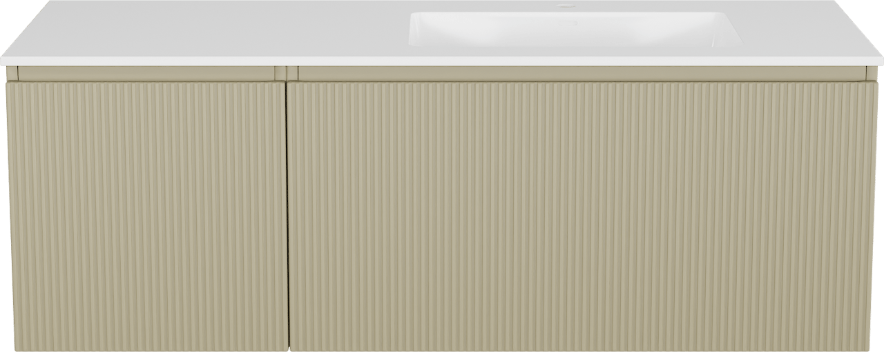 Storke Ribs zwevend badkamermeubel 140 x 52 cm zijdegrijs met Bilia asymmetrisch rechtse wastafel in composietmarmer glanzend wit, Verticale symmetrische rechte ribbel