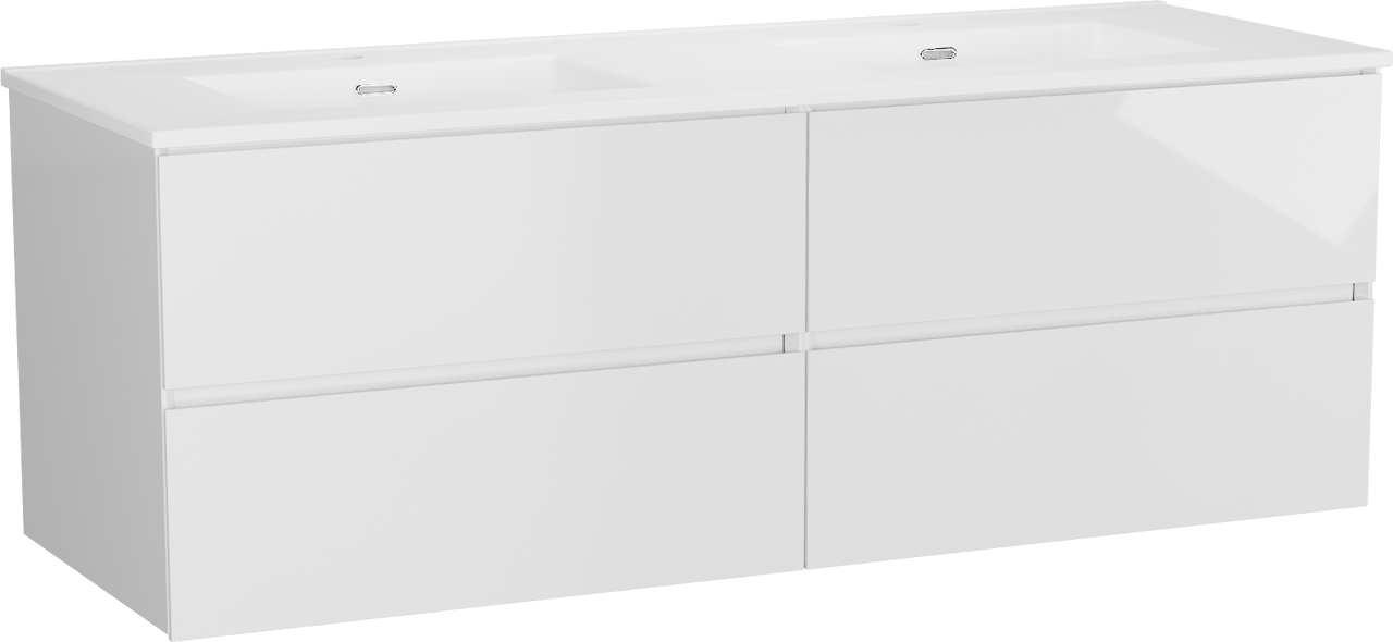 Storke Edge zwevend badkamermeubel 150 x 52 cm hoogglans wit met Kera dubbele wastafel in porselein mat wit, afvoerpluggen inbegrepen