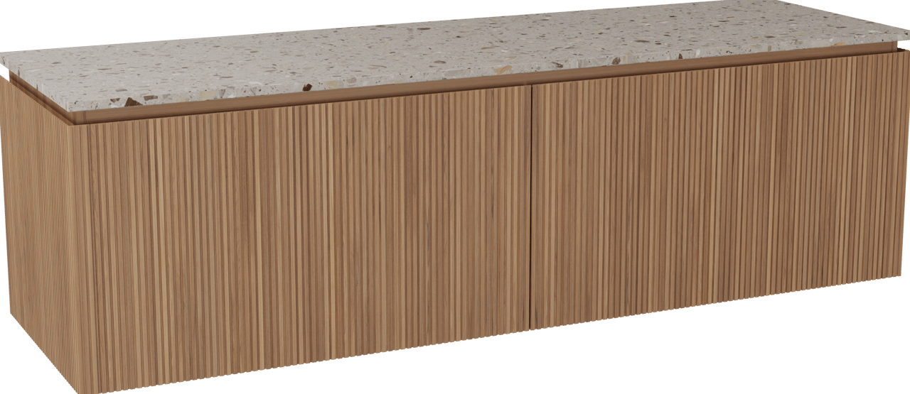 Balmani Eclips meuble salle de bains suspendu 180 x 55 cm Teck avec Stretto tablette simple ou double en Terrazzo greige, Nervure droite symétrique verticale