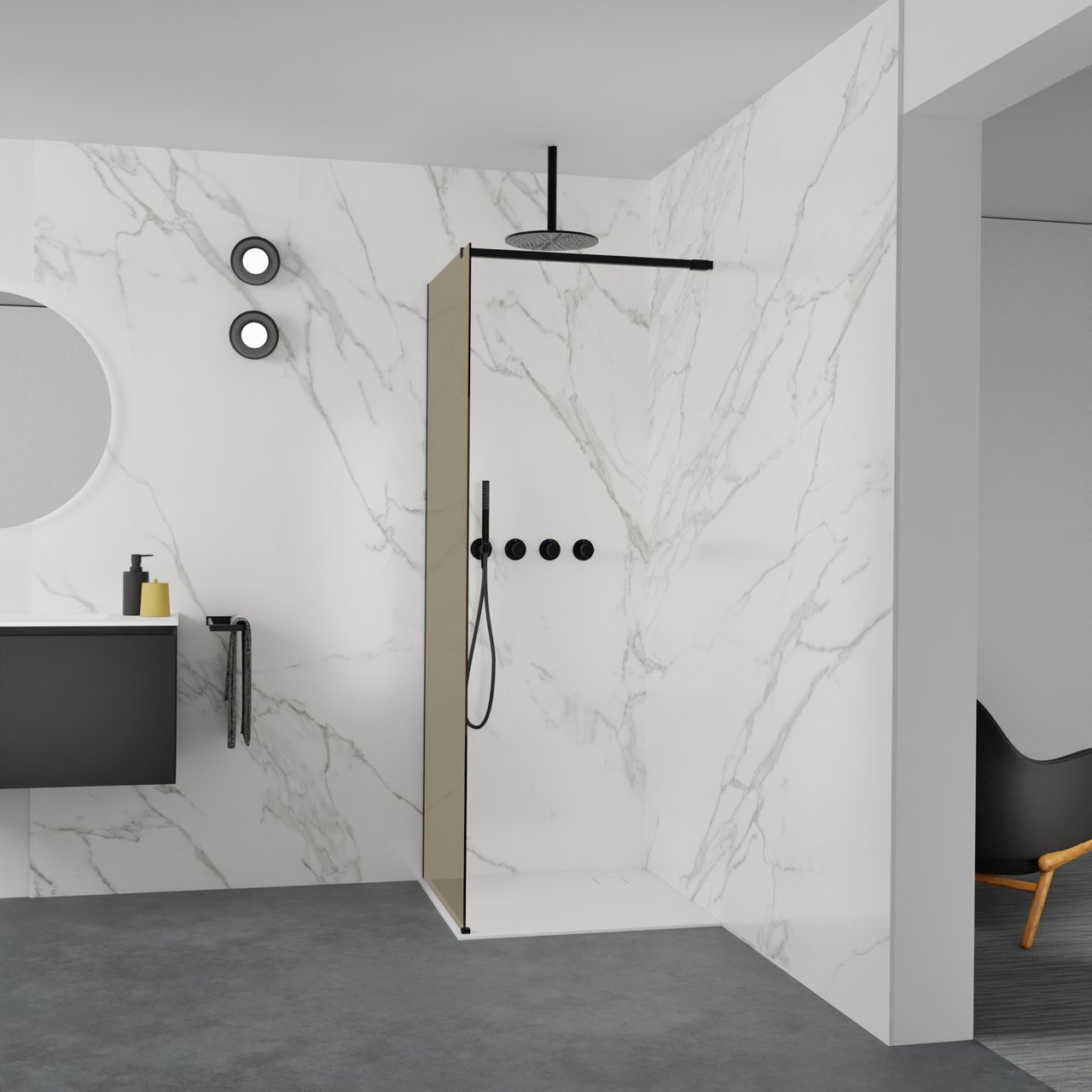 Balmani Modular inloopdouche: 80 x 200 cm, Brons glas met coating, Mat zwarte profielen