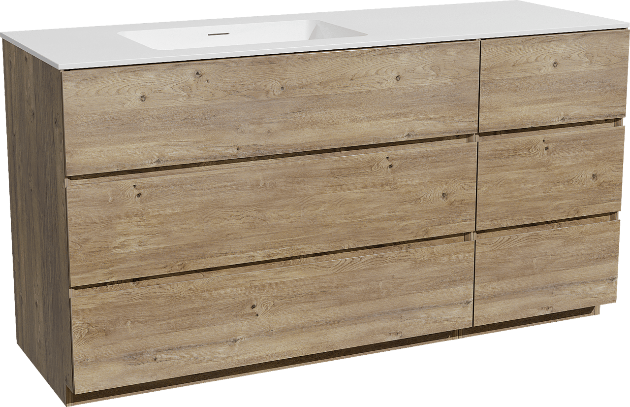 Storke Edge staand badmeubel 150 x 52 cm ruw eiken met Mata asymmetrisch linkse wastafel in solid surface mat wit
