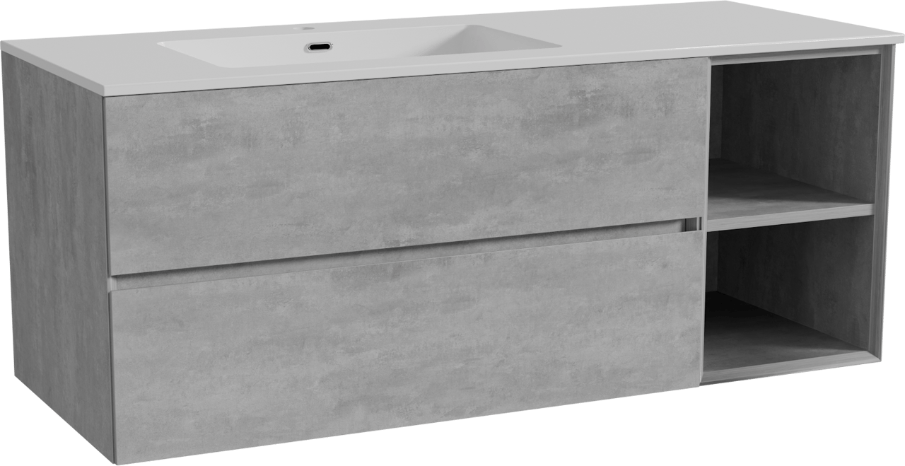Storke Edge zwevend badkamermeubel 130 x 52 cm beton donkergrijs met Diva asymmetrisch linkse wastafel in composietmarmer glanzend wit