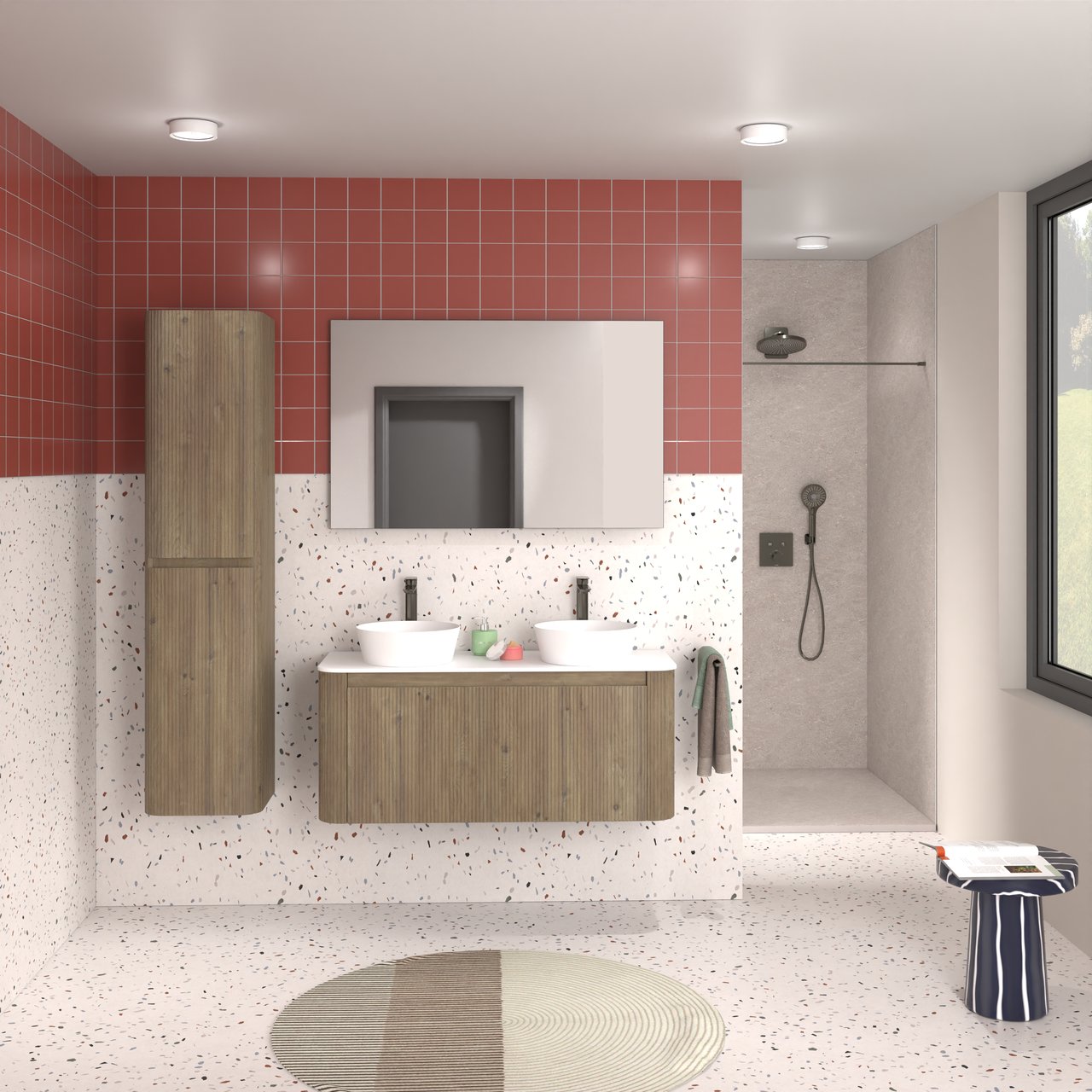 Storke Soft meuble salle de bains suspendu 120 x 46 cm chêne brut avec Tavola Soft tablette simple ou double vasque en Solid Surface blanc mat, Nervure droite symétrique verticale