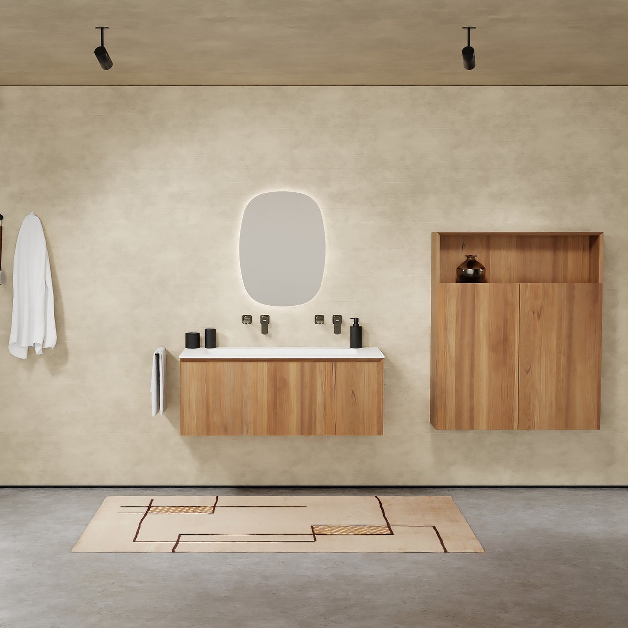 Balmani Idra by Mitra zwevend badkamermeubel 120 x 55 cm teak met Tablo Arcato enkele wastafel voor 2 kraangaten in solid surface mat wit