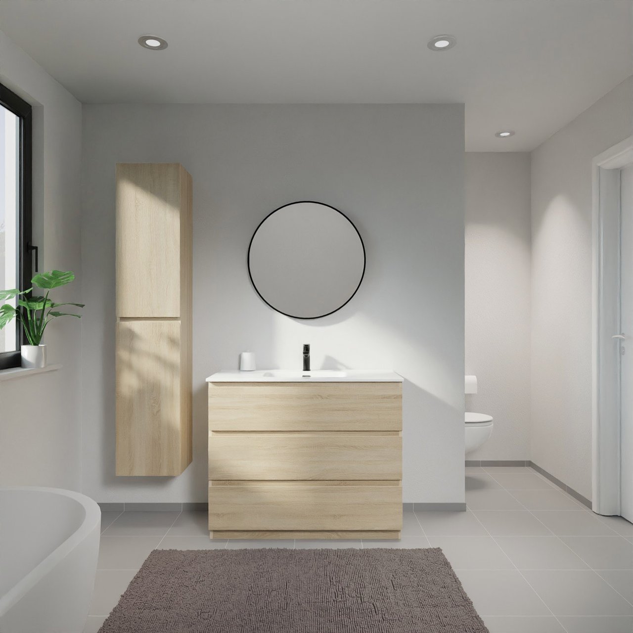 Linie Lado staand badmeubel 100 x 46 cm wit eiken met Baro enkele wastafel in porselein hoogglans wit