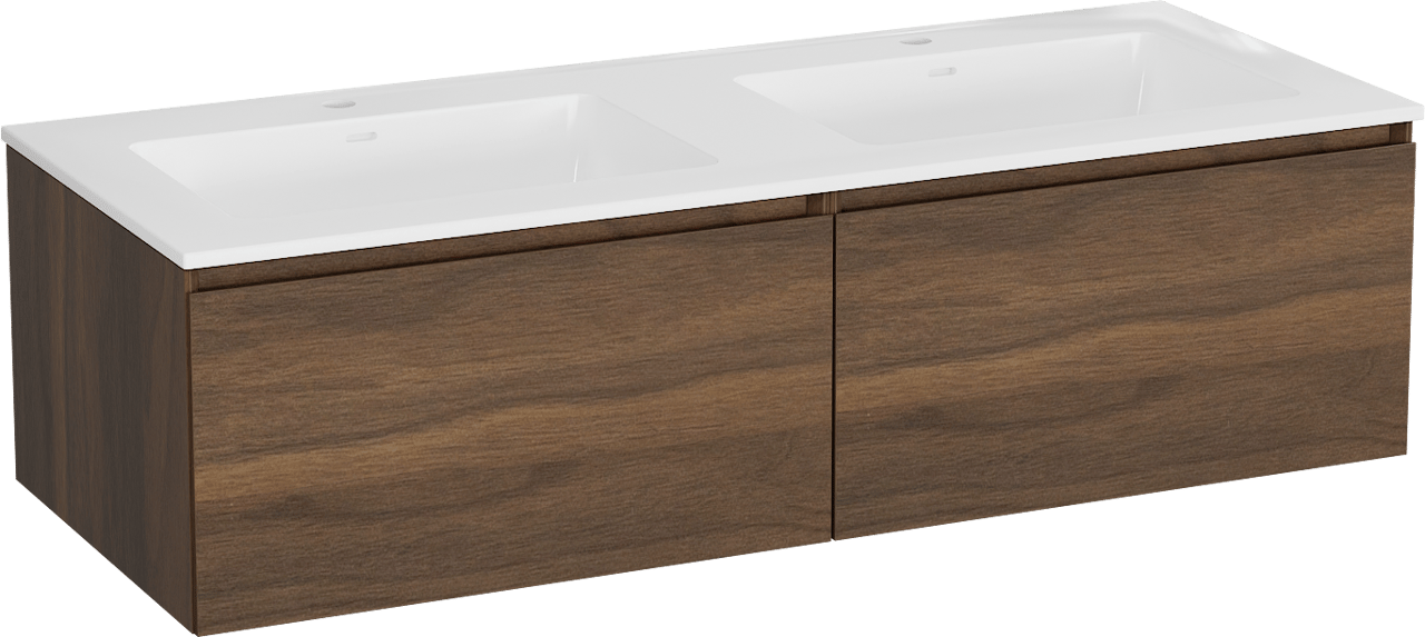 Storke Edge meuble salle de bains suspendu 130 x 52 cm noyer avec Bilia double vasque en marbre composite blanc brillant