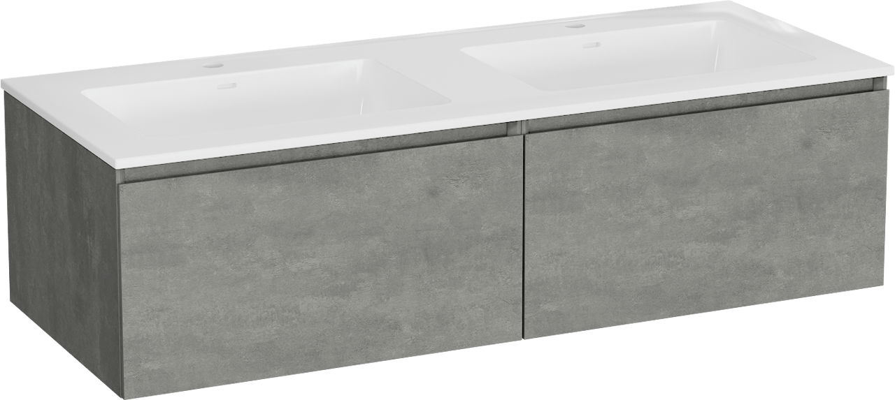 Storke Edge meuble salle de bains suspendu 130 x 52 cm béton gris foncé avec Bilia double vasque en marbre composite blanc brillant