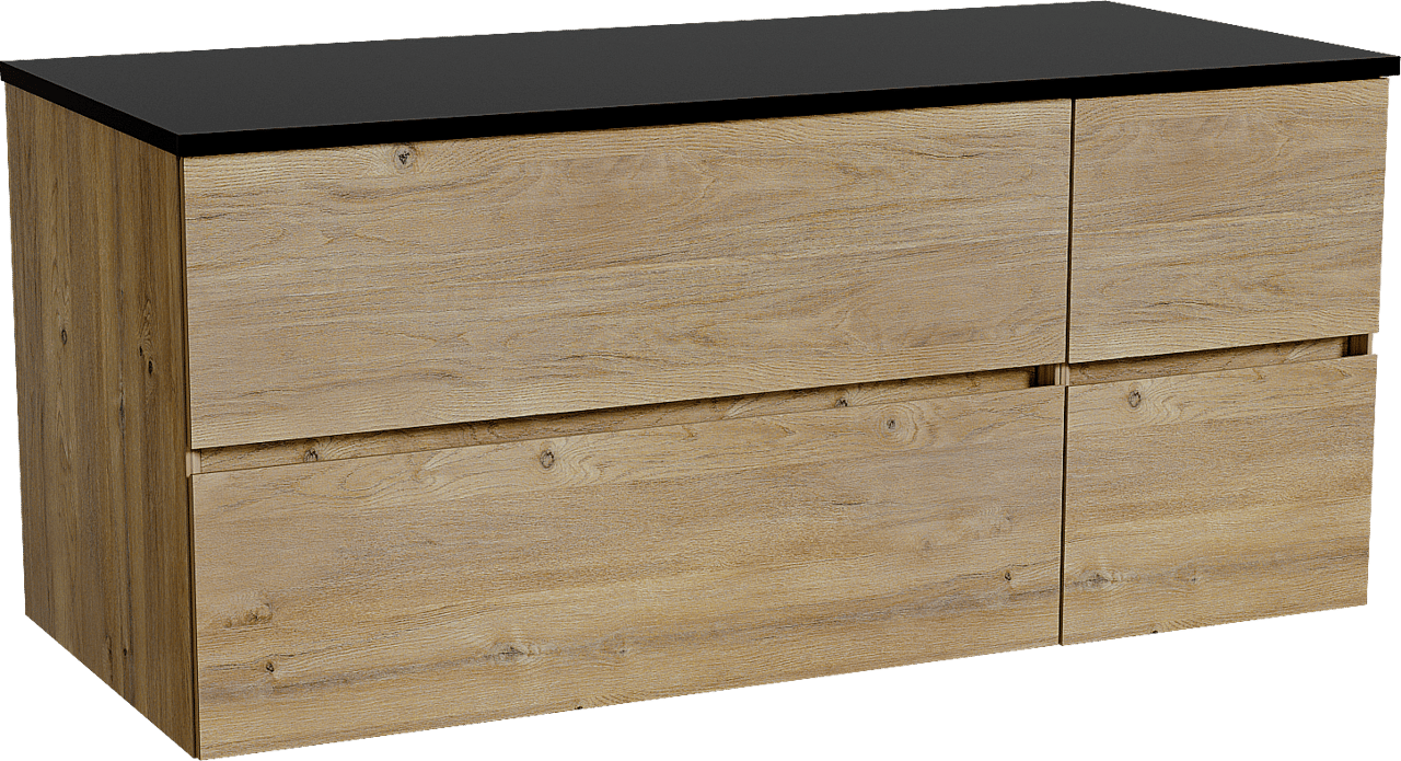 Storke Edge zwevend badmeubel 120 x 52 cm ruw eiken met Panton enkel of dubbel wastafelblad in gepoedercoate mdf mat zwart