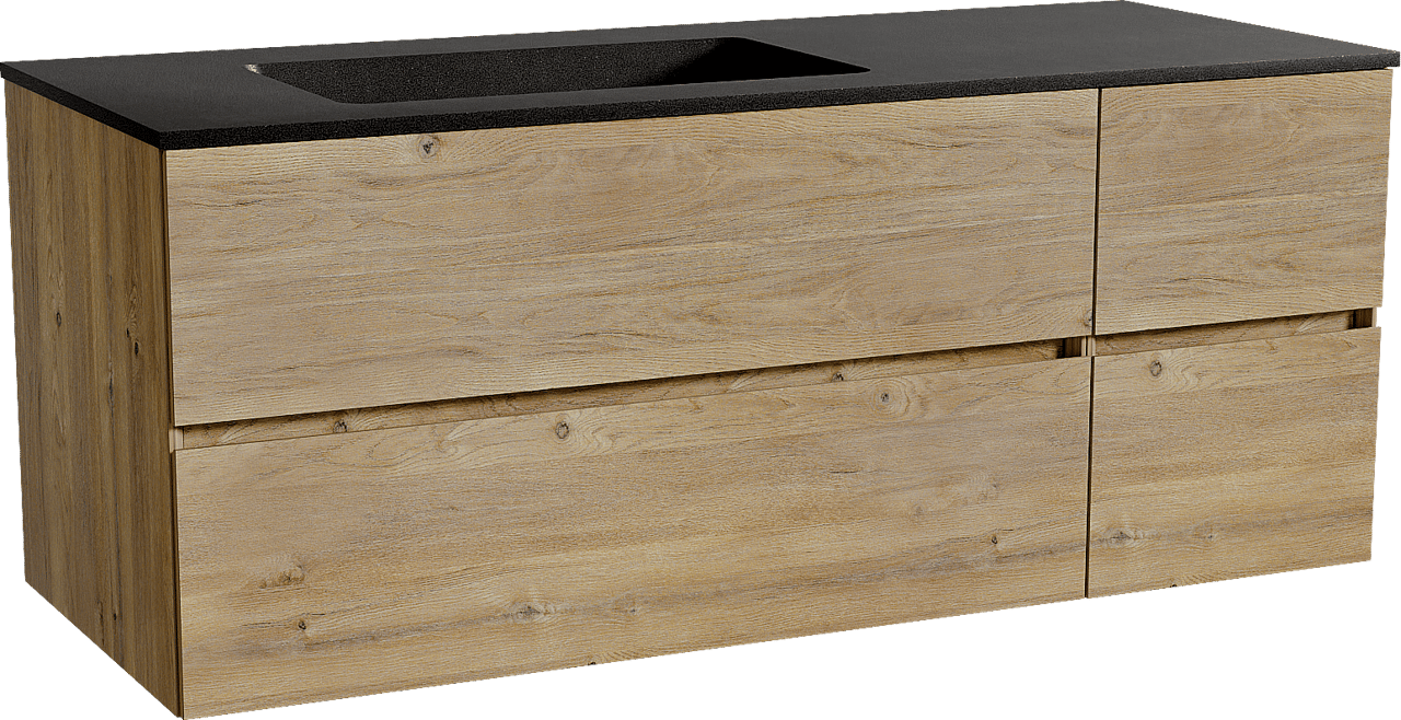 Storke Edge zwevend badmeubel 130 x 52 cm ruw eiken met Scuro asymmetrisch linkse wastafel in kwarts mat zwart