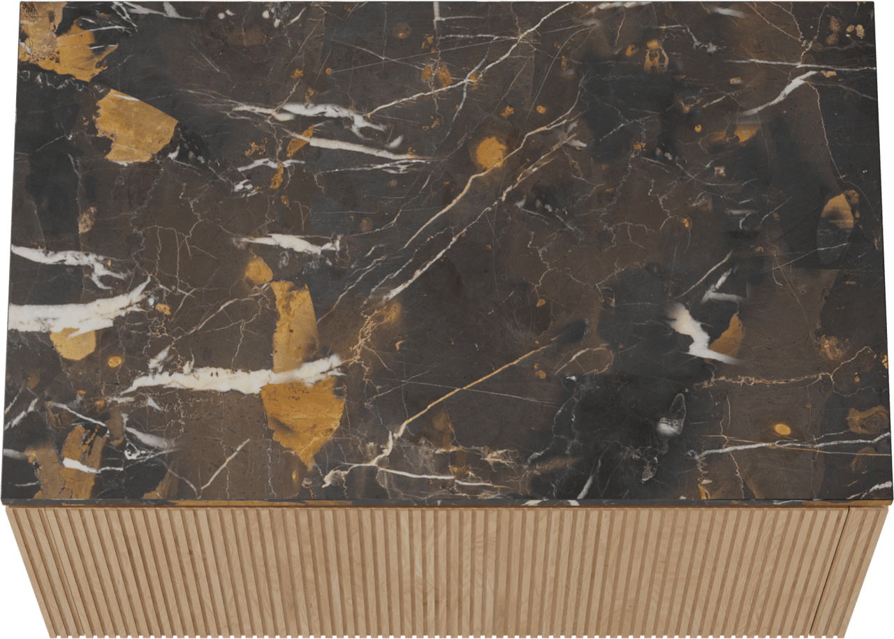 Balmani Eclips meuble salle de bains suspendu 90 x 55 cm Chêne naturelle avec Stretto tablette simple en Portoro Gold marbre, Nervure droite symétrique verticale