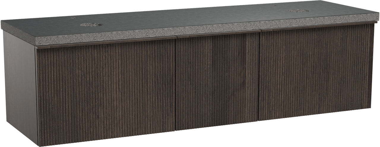 Balmani Forma zwevend badkamermeubel 180 x 55 cm gerookte eik met Rock dubbel tablet in graniet zwart, Verticale symmetrische rechte ribbel