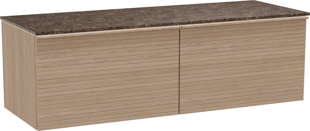 Balmani Forma hängendes Möbelstück Set: 150 x 55 cm, Naturbelassene Eiche, mit Stretto Einzel- oder Doppel Waschtischplatte, Marmor, Dark Emperador, Horizontale symmetrische gerade Rippe