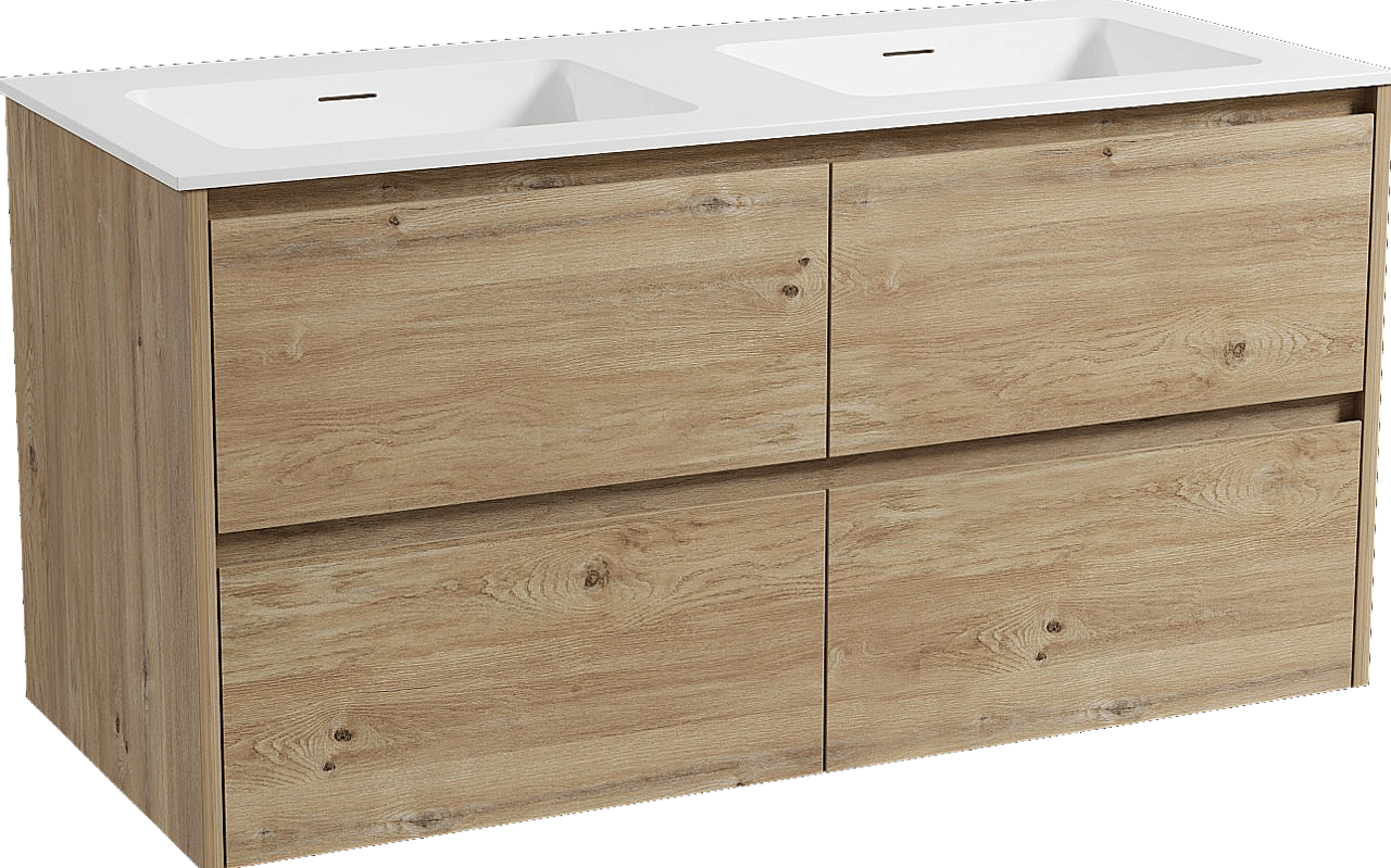 Storke Seda hängendes Möbelstück Set: 120 x 52 cm, Rohe Eiche, mit Mata Doppelwaschtisch, Solid Surface Weiß matt
