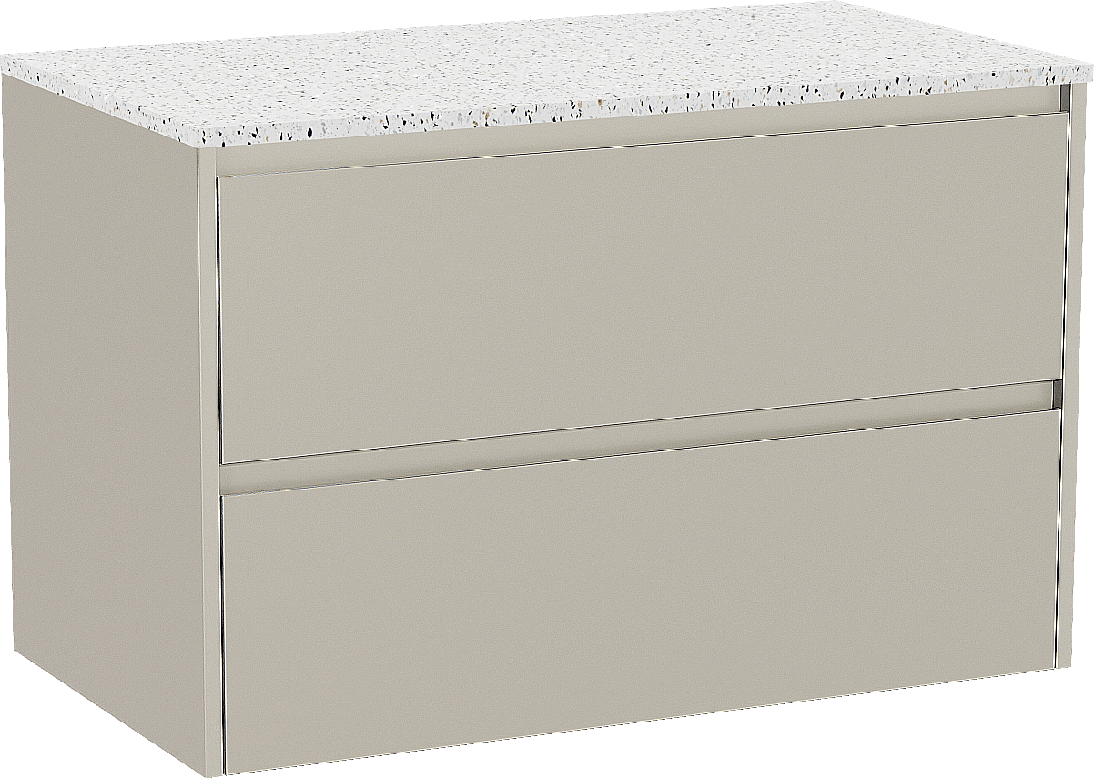 Storke Seda zwevend badmeubel 95 x 52 cm zijdegrijs met Tavola enkel wastafelblad in mat wit/zwart terrazzo
