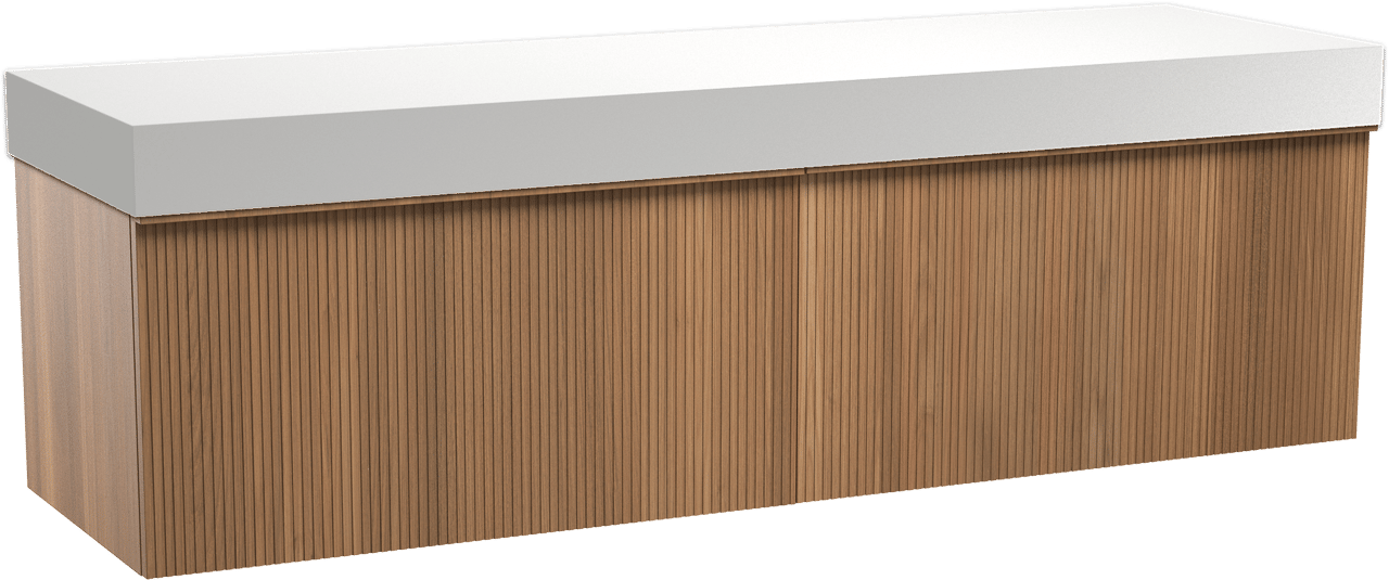 Balmani Forma zwevend badkamermeubel 180 x 55 cm teak met Dominus enkel of dubbel tablet in solid surface mat wit, Verticale symmetrische rechte ribbel