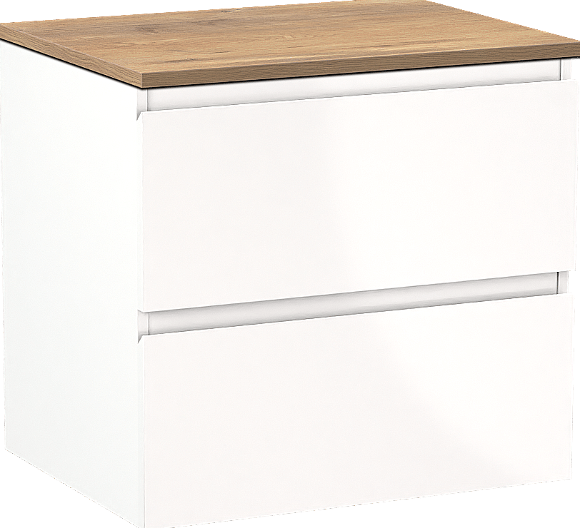 Linie Lado hängendes Möbelstück Set: 60 x 46 cm, Weiß glänzend, mit Lado Einzel Waschtischplatte, Melamin Naturbelassene Eiche