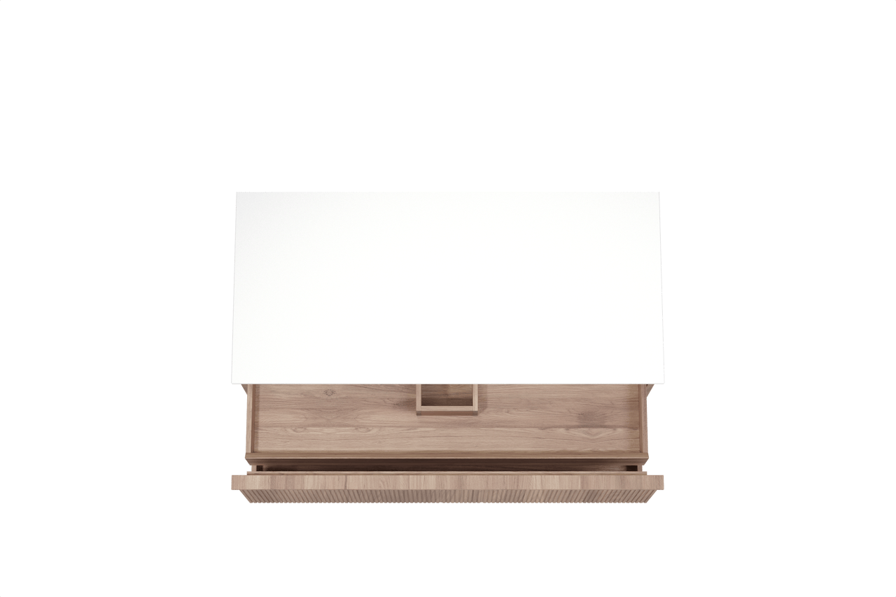 Balmani Forma hängendes Möbelstück Set: 120 x 55 cm, Teak, mit Stretto Einzel- oder Doppel Waschtischplatte, Solid Surface, Weiß matt, Vertikale symmetrische gerade Rippe