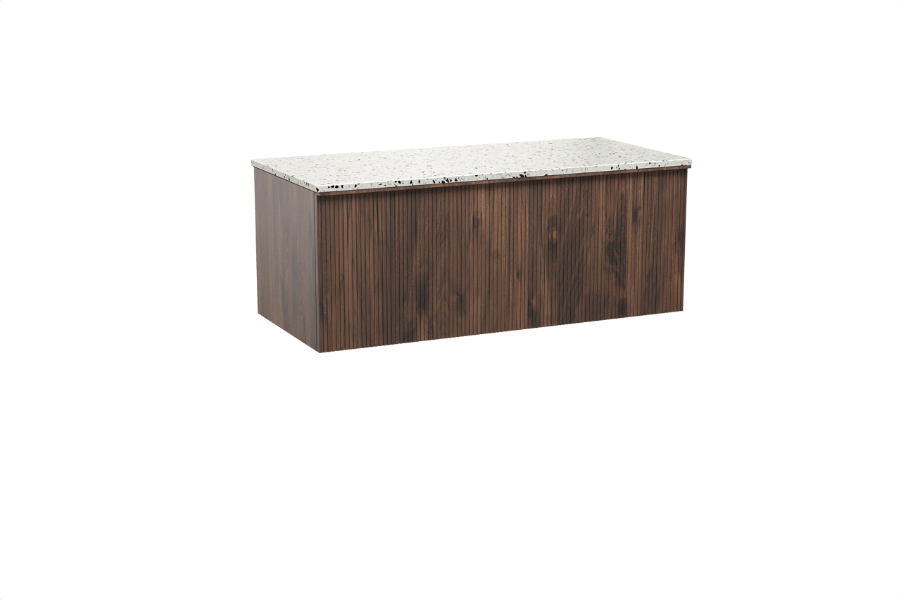 Balmani Forma meuble salle de bains suspendu 120 x 55 cm noyer américain avec Stretto tablette simple ou double en blanc/noir mat terrazzo, Nervure droite symétrique verticale