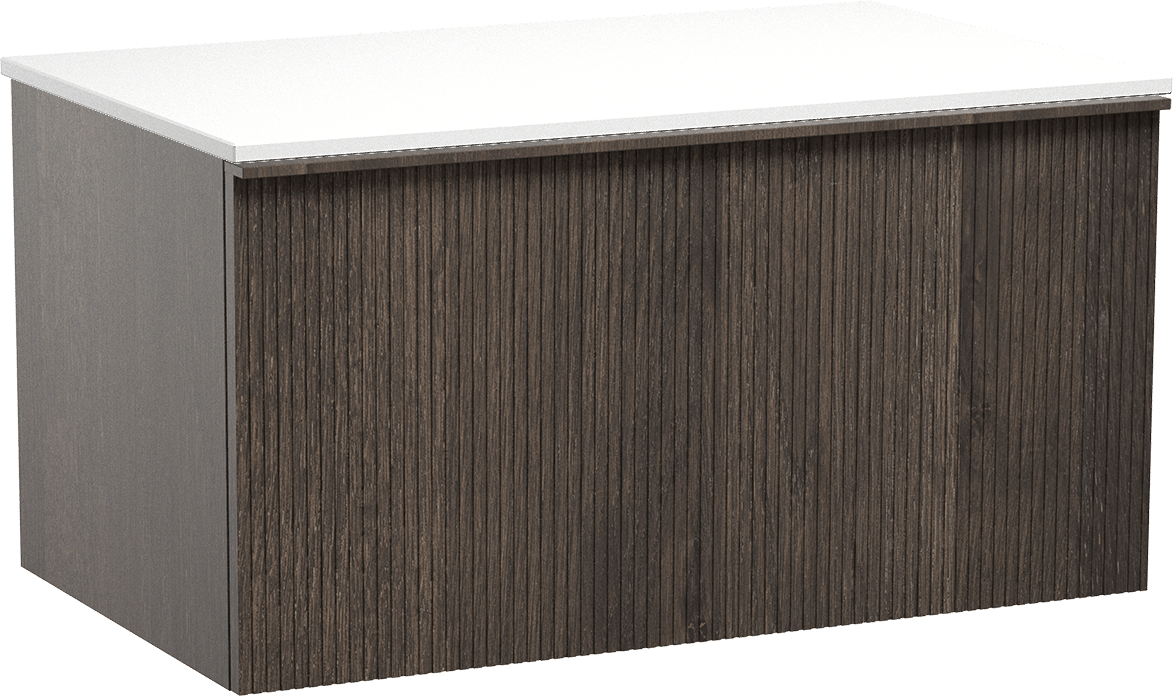 Balmani Forma zwevend badkamermeubel 90 x 55 cm gerookte eik met Stretto enkel tablet in solid surface mat wit, Verticale symmetrische rechte ribbel