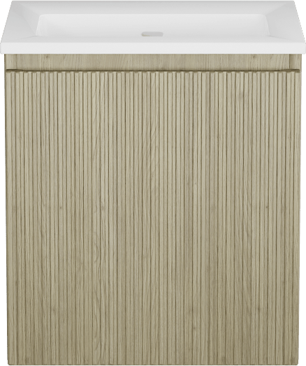 Storke Ribs zwevend badkamermeubel 45 x 35 cm ruwe eik met Bilia enkele wastafel in composietmarmer glanzend wit, Verticale symmetrische rechte ribbel