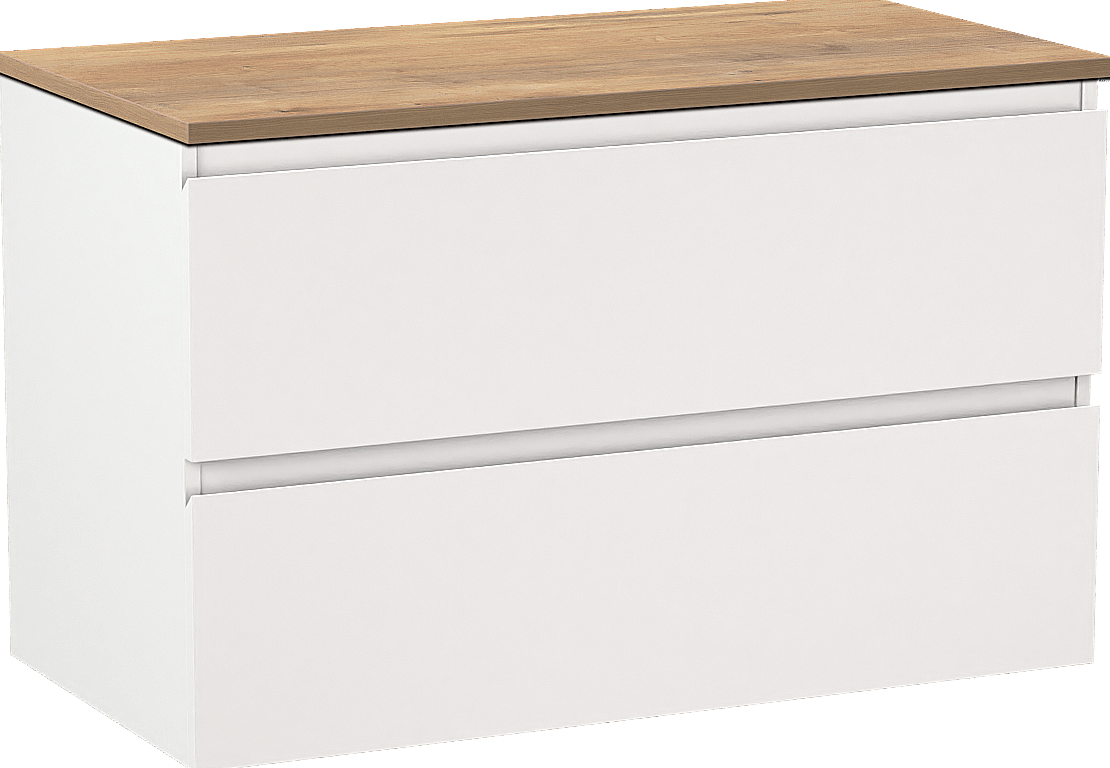 Linie Lado hängendes Möbelstück Set: 90 x 46 cm, Weiß matt, mit Lado Einzel Waschtischplatte, Melamin Naturbelassene Eiche