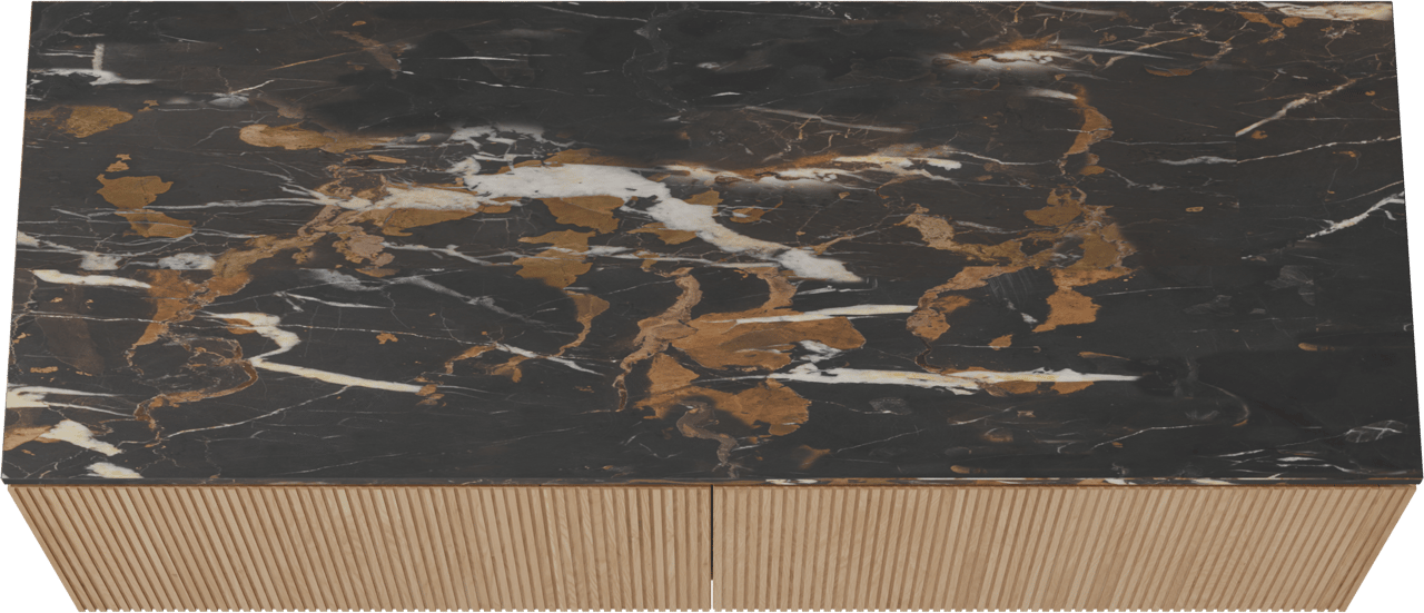 Balmani Eclips zwevend badmeubel 150 x 55 cm Natuur eiken met Stretto enkel of dubbel wastafelblad in Portoro Gold marmer, Verticale symmetrische rechte ribbel