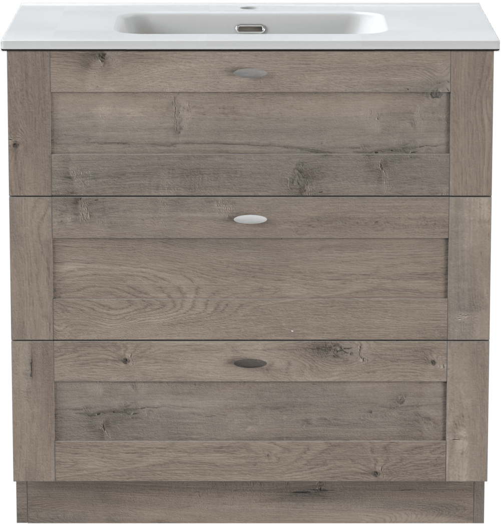 Linie Classo staand badkamermeubel 80 x 46 cm grijze eik met Baro enkele wastafel in porselein mat wit