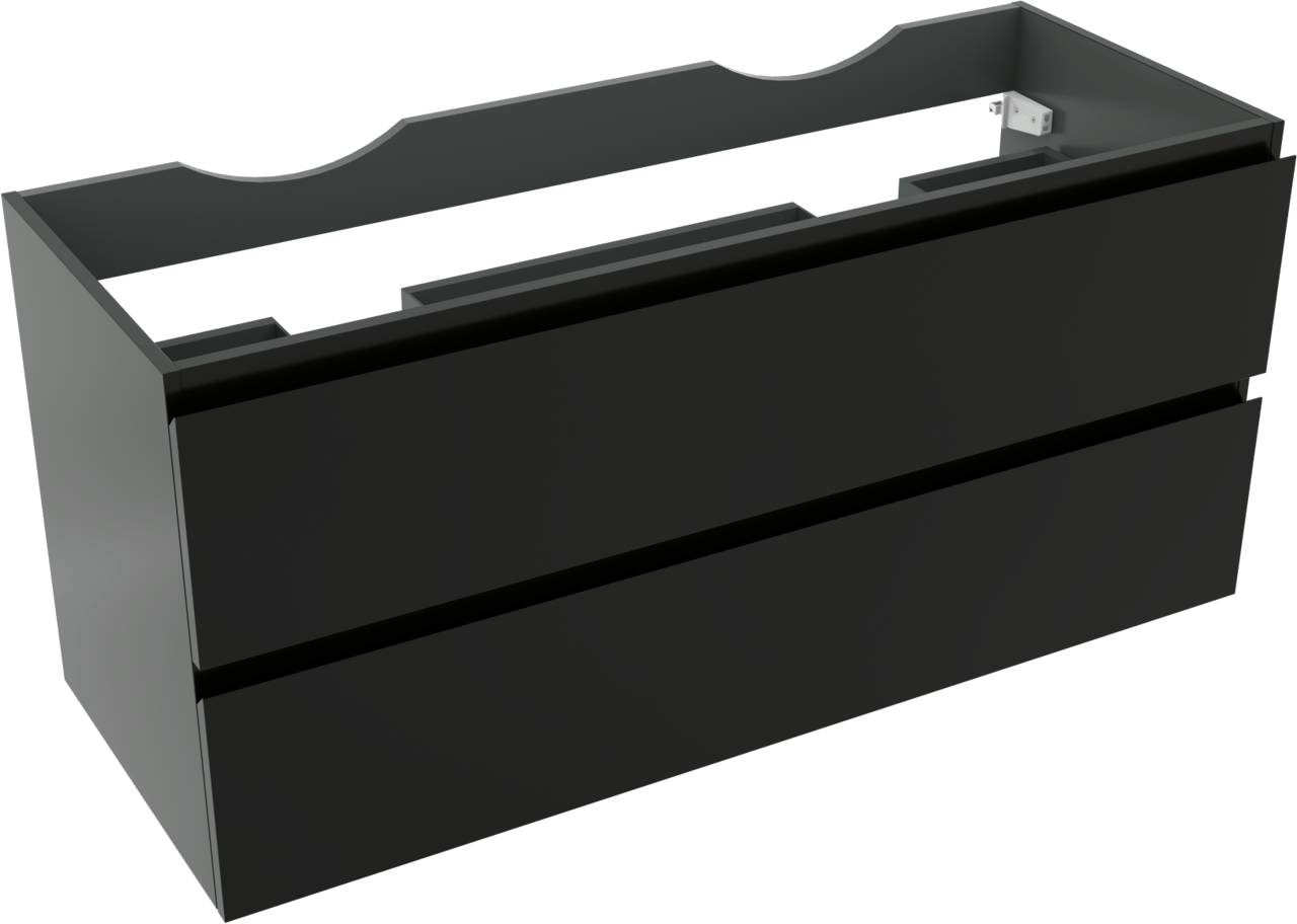 Linie Lado hängender Waschbeckenunterschrank: 120 x 46 cm, Schwarz Matt, 2 Schubladen, 2 Siphonaussparungen