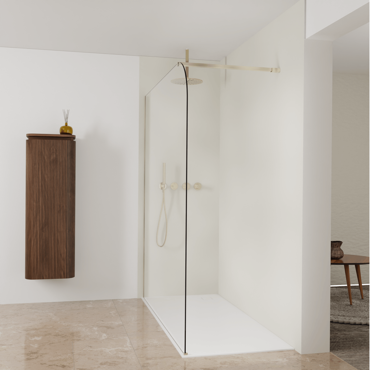 Balmani Modular inloopdouche: 180 x 200 cm, Helder glas afgerond met coating, Brushed Champagne Gold profielen