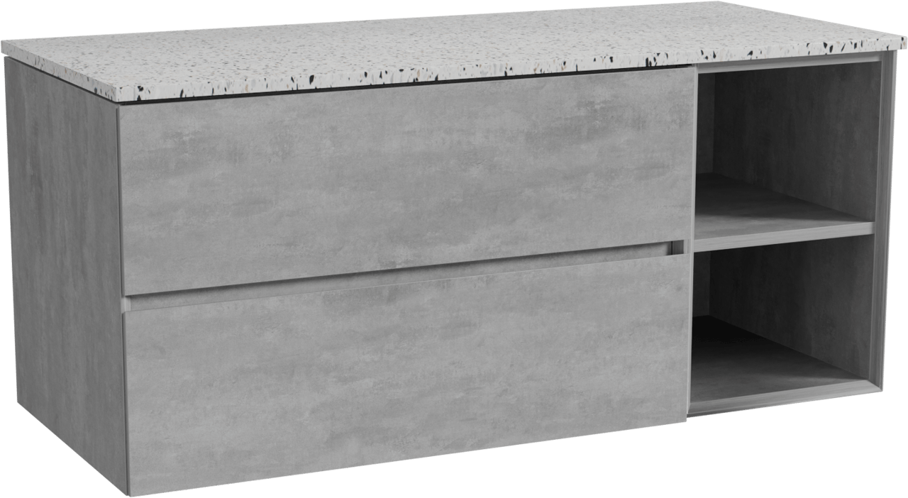 Storke Edge hängendes Möbelstück Set: 120 x 52 cm, Beton dunkelgrau, mit Tavola Einzel- oder Doppel Waschtischplatte, Terrazzo in Weiß/Schwarz matt
