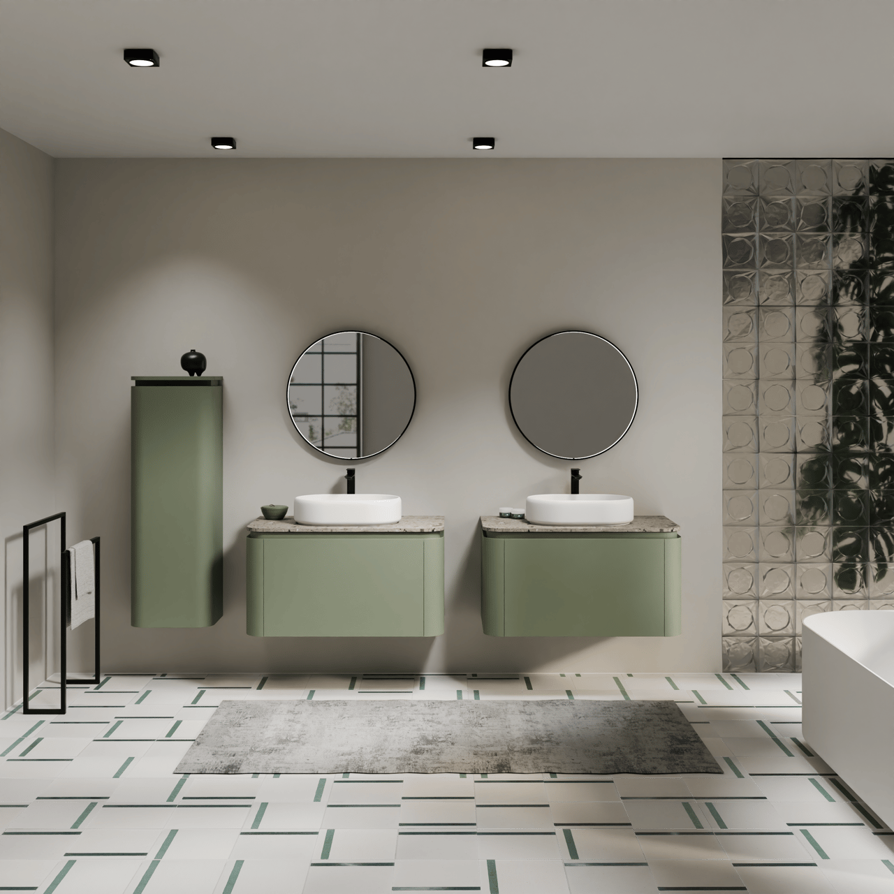 Balmani Moon zwevend badmeubel 100 x 55 cm saliegroen met Moon enkel wastafelblad in terrazzo greige terrazzo