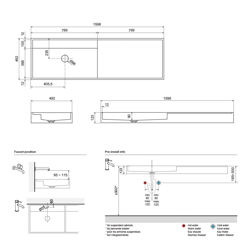 Balmani Cubo plan vasque asymétrique à gauche mat Solid Surface 160 x 49 cm