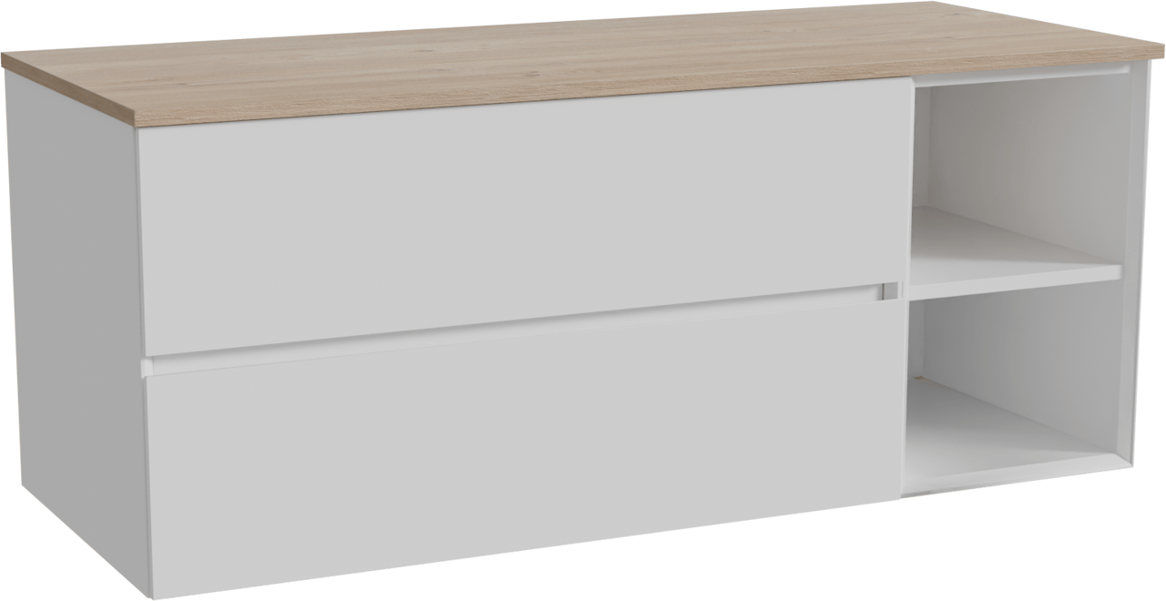 Storke Edge zwevend badkamermeubel 130 x 52 cm glanzend wit met Panton enkel of dubbel tablet in melamine ruwe eik
