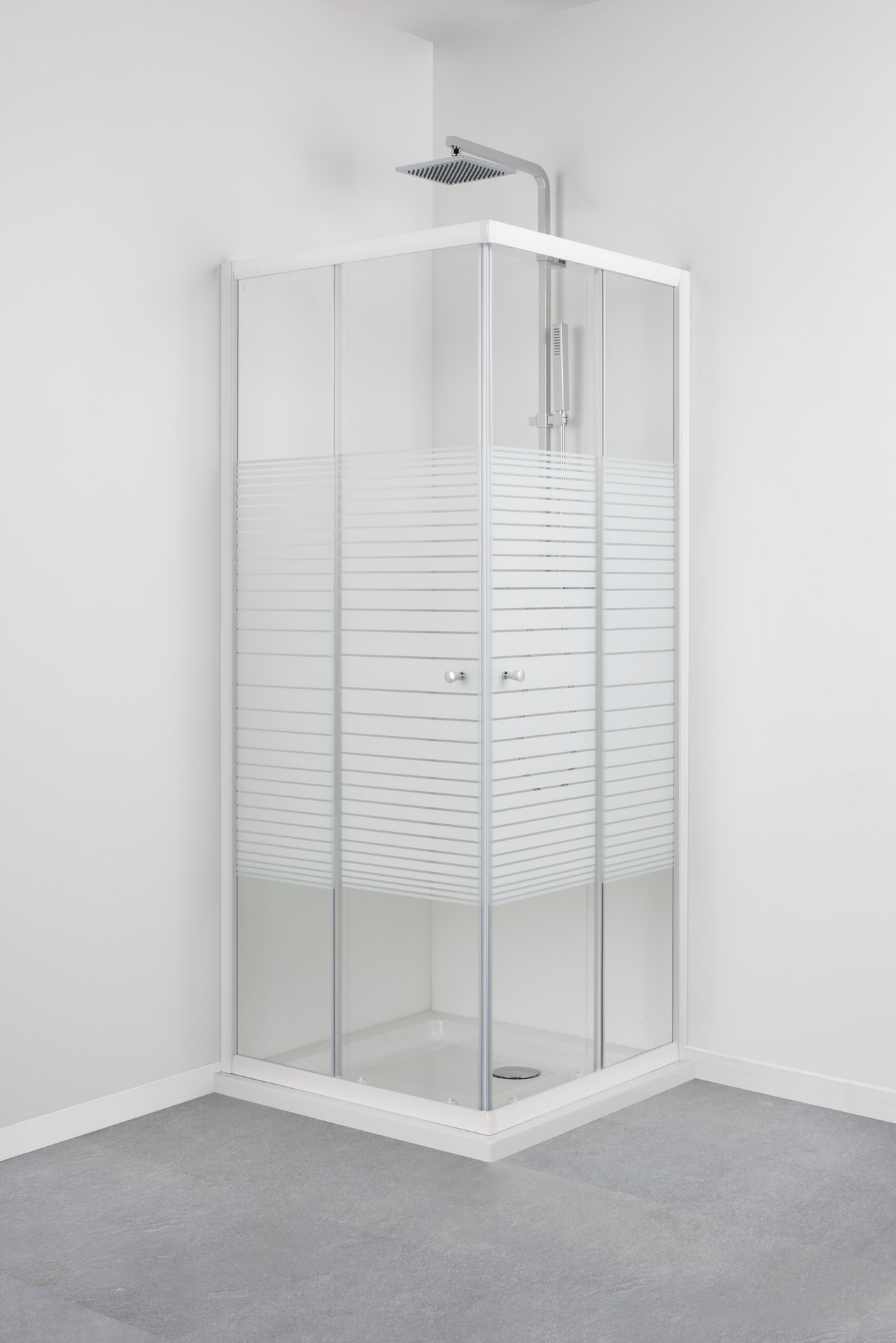 Linie Tarifa Eckdusche: 90 x 90 cm, 2 Schiebetüren, gestreiftes Glas, weißes Profil