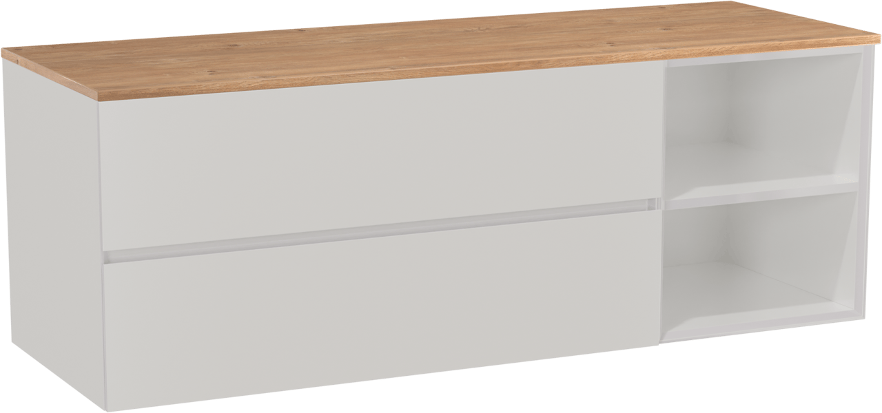 Storke Edge meuble salle de bains suspendu 150 x 52 cm blanc brillant avec Panton tablette simple ou double en mélaminé chêne brut